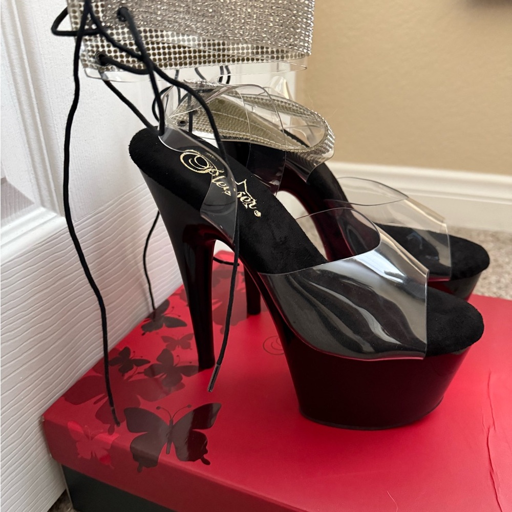 Pleaser Black and Clear rhinestone  Platform Heels size 7